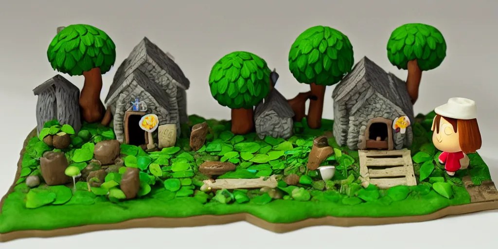 Image similar to Animal Crossing Village Diorama, polymer clay, moss, plants, cottagecore