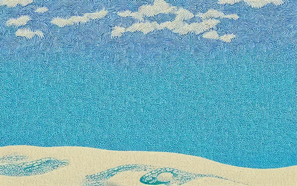 Image similar to a beautiful quiet beach in okinawa, fractal waves. japanese embroidery. retro minimalist art by jean giraud.