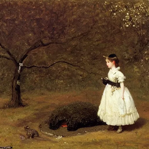 Image similar to young victorian lady in ball gown observing an anthill, painted by alfred stevens