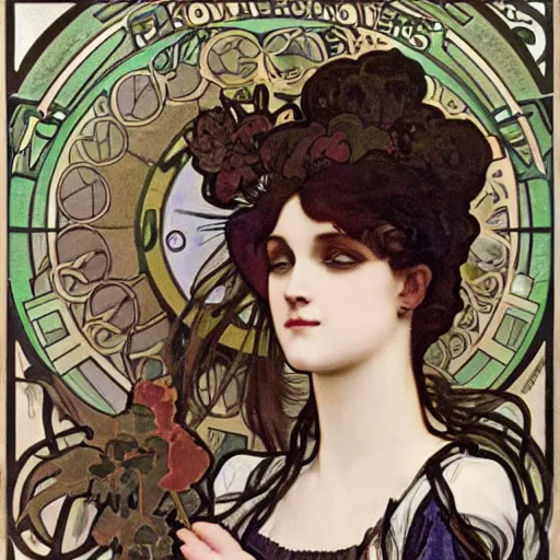 Image similar to goth girl with a wry grin, alphonse mucha, willam morris background.