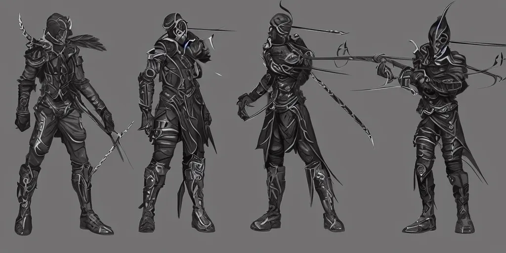 Image similar to character concept art for a dark cyber-archer, detailed illustration, epic poses