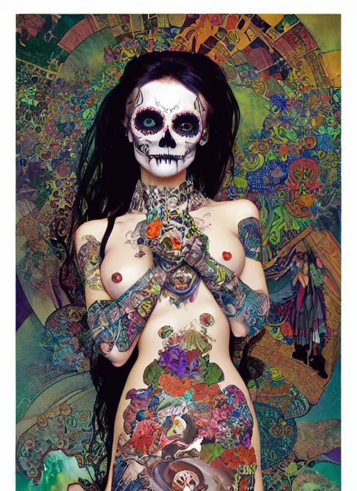 Prompt: cute punk goth fashion fractal Día de los Muertos tattooed bionic girl posing by Zhang Jingna, psychedelic poster art of by Victor Moscoso Rick Griffin Alphonse Mucha Gustav Klimt Ayami Kojima Amano Charlie Bowater, masterpiece