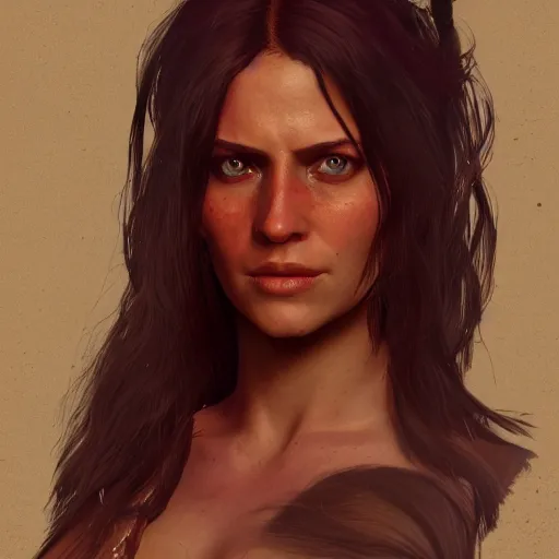 Image similar to tan woman with long dark hair and dark eyes in Red Dead Redemption 2, hyper detailed, concept art, 8k, artstation, cgsociety