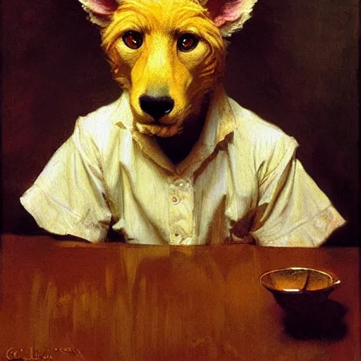 Image similar to a portrait of an animal wearing a shirt and sitting in bed. highly detailed painting by gaston bussiere, craig mullins, j. c. leyendecker, furry