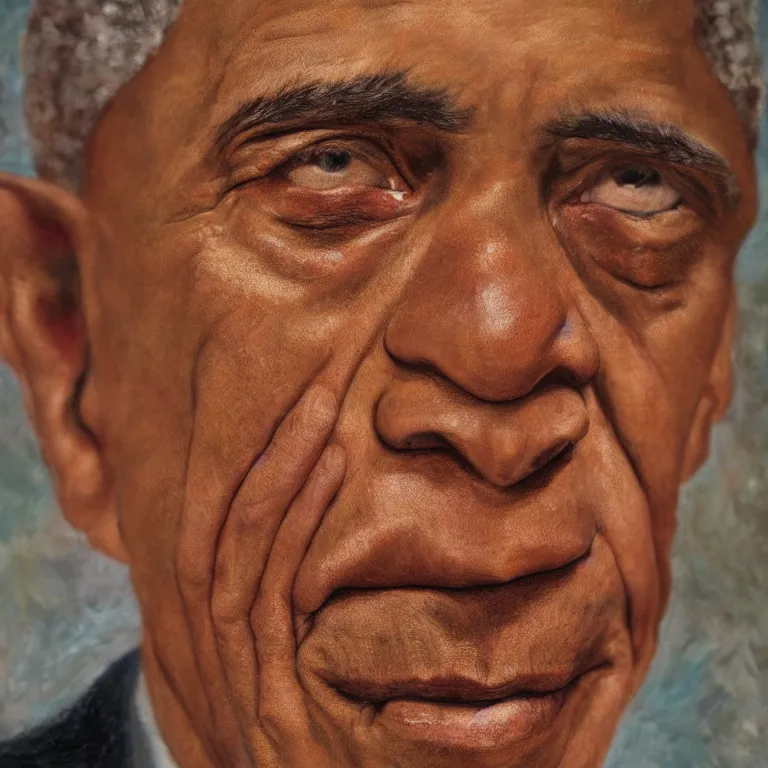 Prompt: hyperrealistic close up studio portrait of aging old Barack Obama age 85 wrinkled weeping, oil painting by Ivan Albright and Lucian Freud and Ron Mueck, trending on artstation Studio lighting hyperrealism
