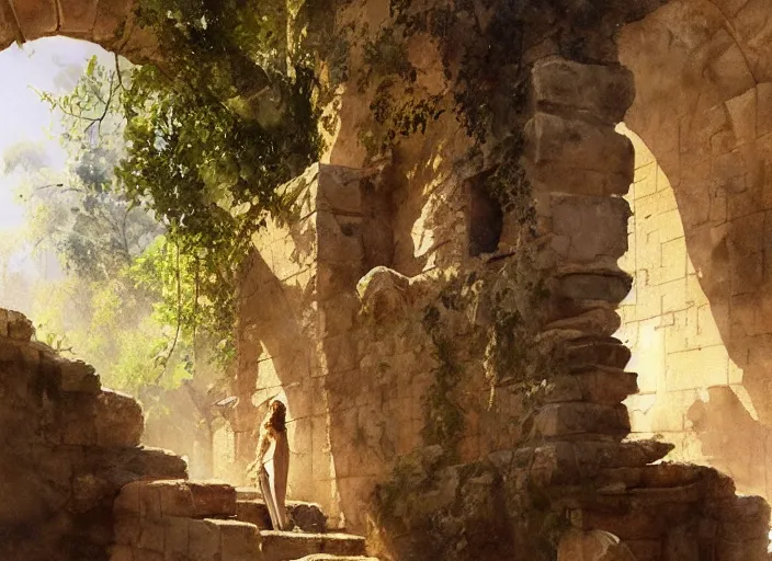 Image similar to watercolor painting of cat exploring rocky roman ruins, stone walls, very beautiful ambient lighting, sun rays, dust, art by anders zorn, wonderful masterpiece by greg rutkowski, cinematic light, american romanticism by greg manchess, creation by tyler edlin