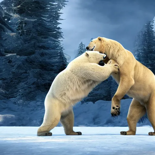 Image similar to A Polar Bear fighting an Male Lion, artstation, 4k detailed