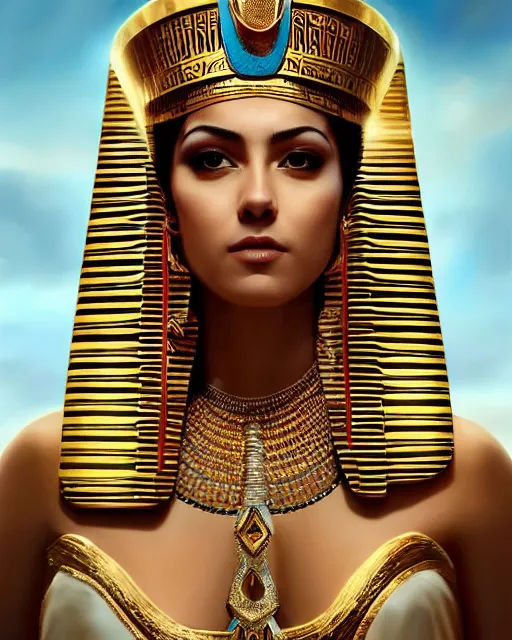 Image similar to Jessica Kahawaty as a beautiful egyptian princess, gorgeous, portrait, Symmetrical, powerful, intricate, beautiful, masterpiece, elegant, volumetric lighting, back lighting, dramatic lighting, highly detailed, artstation, sharp focus, illustration, Artgerm, Jean-Léon Gérôme , ruan jia