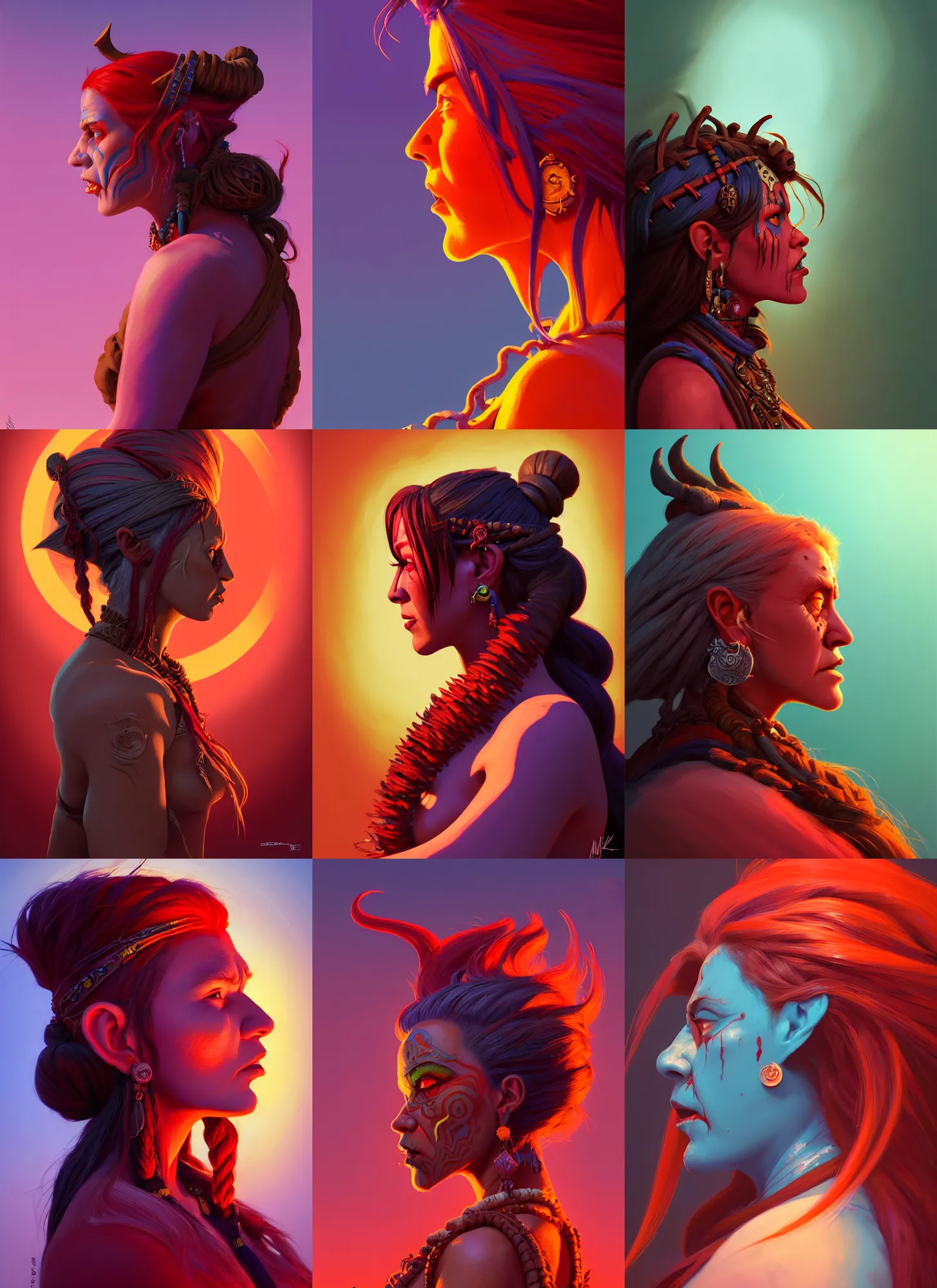 Prompt: side profile centered painted portrait, female troll shaman, bloodlust, red skin, d & d, gloomhaven, matte painting concept art, art nouveau, beautifully backlit, swirly vibrant color lines, fantastically gaudy, aesthetic octane render, 8 k hd resolution, by ilya kuvshinov and cushart krentz and gilleard james