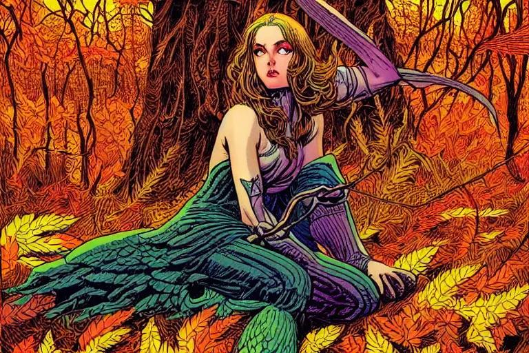 Prompt: an angelic female warrior sitting in an autumn forest, fantasy graphic novel style, by wendy pini and virgil finlay, intricate, vivid gradient colors, very fine inking lines, extremely detailed, 4k, hd