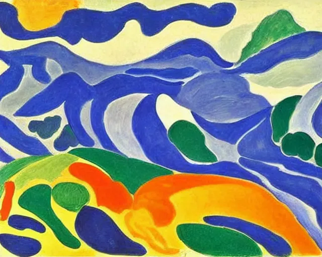 Image similar to Matisse landscape painting. Insane, modernist. Wild energy patterns rippling in all directions. Curves, organic, zig-zags. Saturated color. Mountains. Clouds. Waves. Rushing rivers.