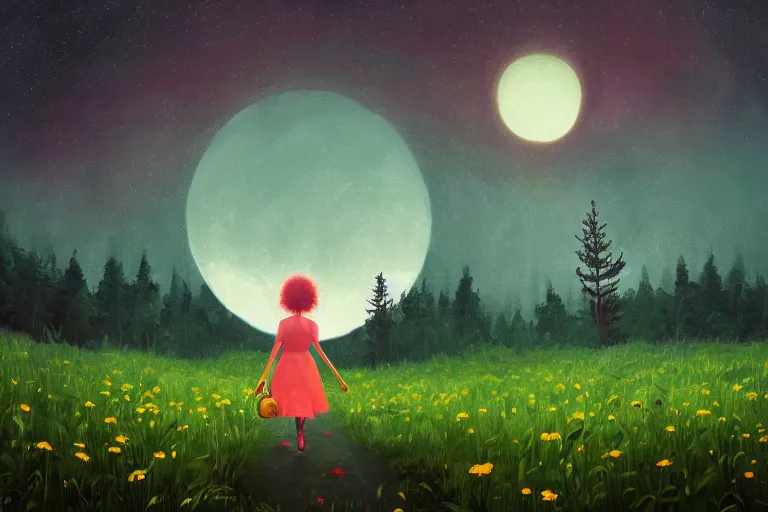 Prompt: giant daisy flower as a head, girl walking forest, big trees, hills, surreal photography, dark night, star trails, moon light, impressionist painting, clouds, digital painting, artstation, simon stalenhag