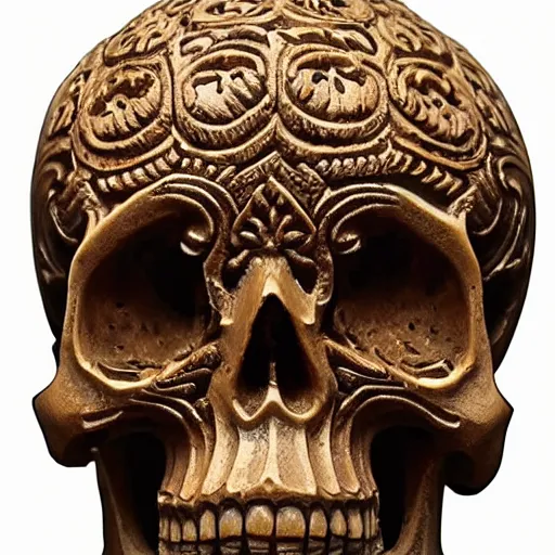 Image similar to intricately carved human skull, intricate ornament, baroque style, Oriental ornament