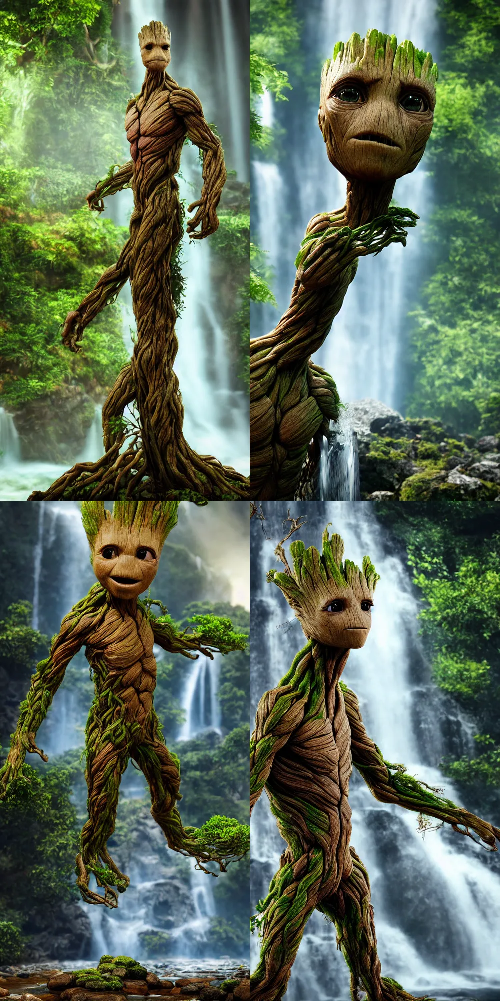 Prompt: photorealistic wide shot focus portrait of Groot posing, under waterfall, bokeh, octane render, unreal engine 4k, volumetric lighting, mist, detailed