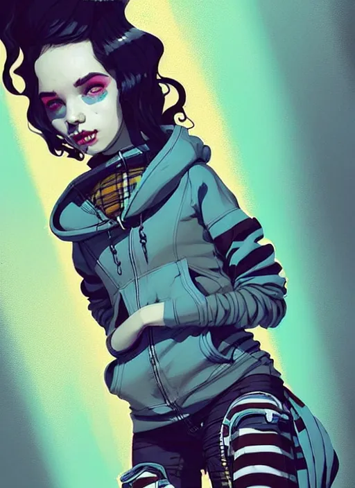 Image similar to highly detailed portrait of a sewer punk lady, tartan hoody, ringlet hair by atey ghailan, by greg rutkowski, by greg tocchini, by james gilleard, by joe fenton, by kaethe butcher, gradient light blue, black, cream and white color scheme, grunge aesthetic!!! ( ( graffiti tag wall background ) )