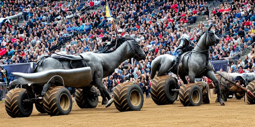 Image similar to medieval cavalry at a monster truck rally