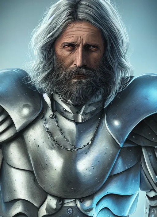 Prompt: an epic fantastic realism comic book style portrait painting of an aasimar paladin, male, shaggy silver hair, short brown beard, intense face, d & d concept art, unreal 5, daz, petrol aesthetic, octane render, cosplay, rpg portrait, dynamic lighting