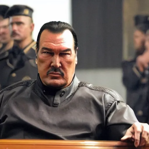 Prompt: steven seagal appears in ukraine, serving as a russian spokesperson, movie still, action pose