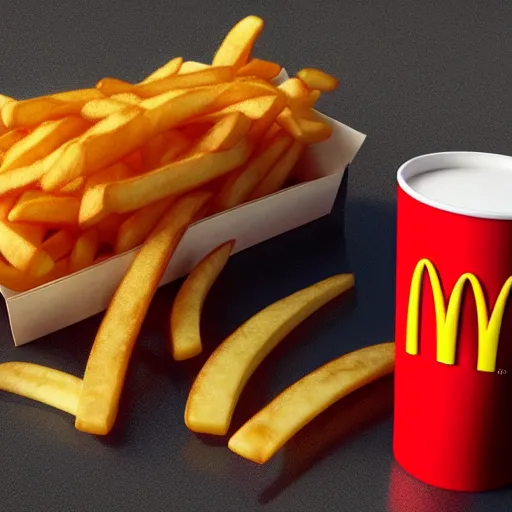 Prompt: mcdonalds fries, realistic, 8 k, extremely detailed, cgi, trending on artstation, hyper - realistic render, 4 k hd wallpaper, premium prints available, octane render, award winning, by greg rutkowski