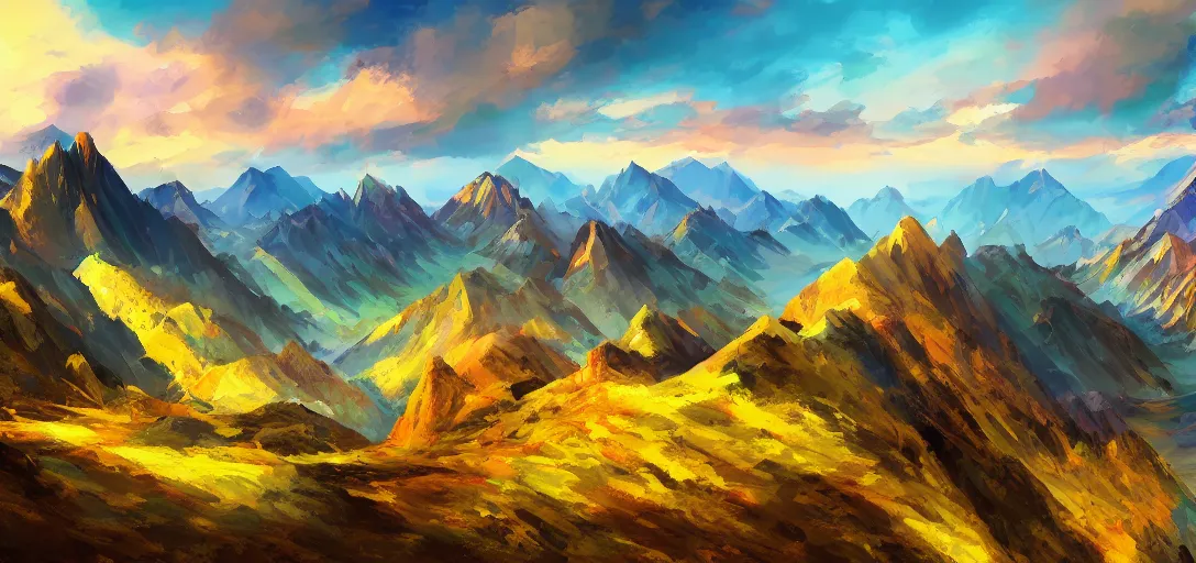 Prompt: vast mountain landscape, craggy mountains, magic the gathering, three - colors, three - color color palette, panoramic, wide angle, horizon, highly detailed