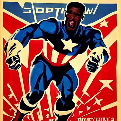 Image similar to black captain america. supersoldier serum wwii american propaganda poster by james gurney