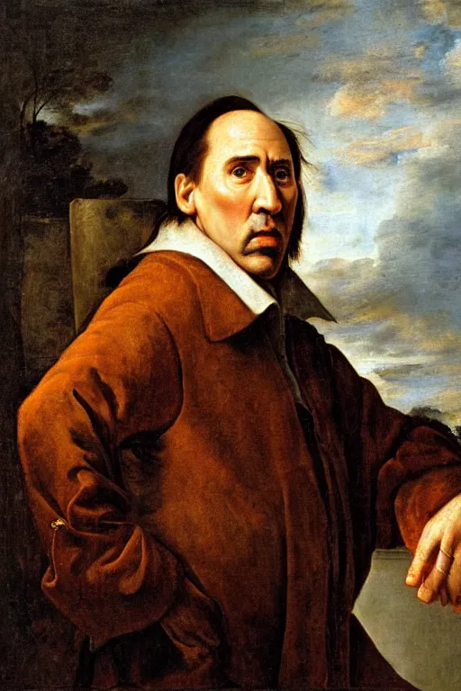 Prompt: Portrait of Nicholas Cage by Jan Steen