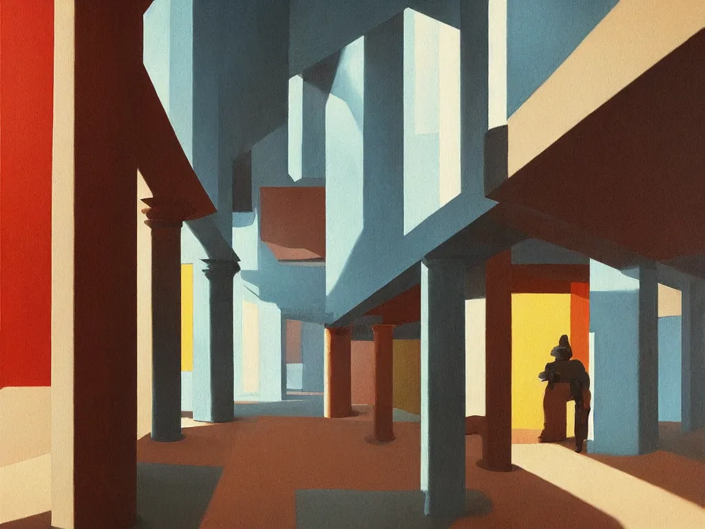 Prompt: colorful minimalist industrial interior hallway with monolithic pillars in the style of ridley scott and stanley kubrick, impossible stijl architecture, lone silhouette in the distance, ultra view angle view, realistic detailed painting by edward hopper