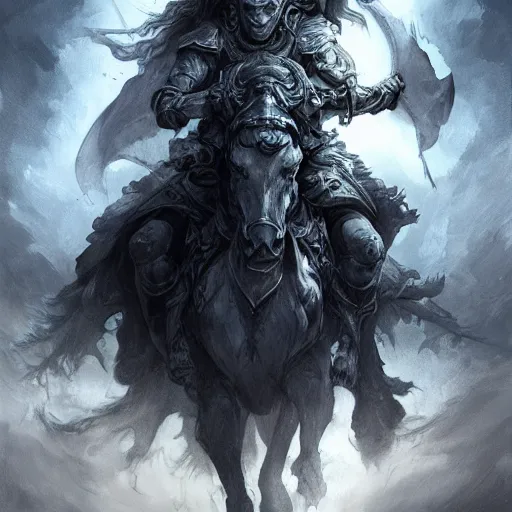 Image similar to concept art by artgerm, death of the four horsemen of the apocalypse, soft grey and blue natural light, intricate, queen of death riding, highly detailed dark art, digital painting, artstation, concept art, smooth, sharp focus, illustration, art by greg rutkowski and luis rollo and uang guangjian and gil elvgren, symmetry!