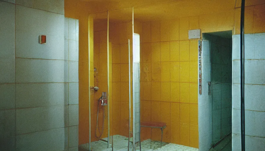 Image similar to 60s movie still of a sovietic stalinist style empty clean prison shower with yellow tiles and tryophobia, cinestill 800t 50mm eastmancolor, liminal Space style, heavy grain