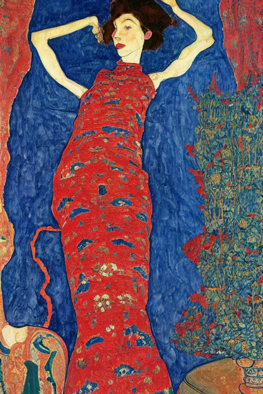 Image similar to girl waer detailed red arabesque blue dress and lay down on a detailed navy persian carpet with a big tree palm persian pot, painting by egon schiele