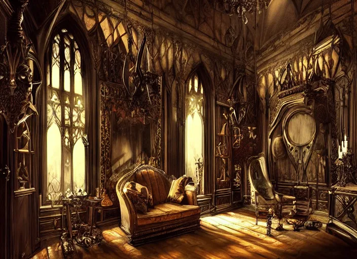 Prompt: a room inside a gothic mansion, ornate, elegant, artwork, paint, sharp, digital art, realism, by aleksi briclot