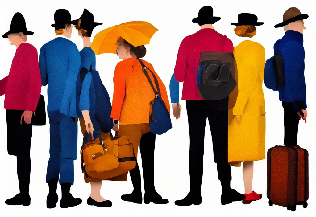 Image similar to full body portrait of a trio of european tourists autumn travel apparel, various poses walking and carrying luggage, character designs painting, in the style of wes anderson, rene magritte, lola dupre, david hockney, isolated on white background, dark monochrome neon spraypaint accents volumetric octane render