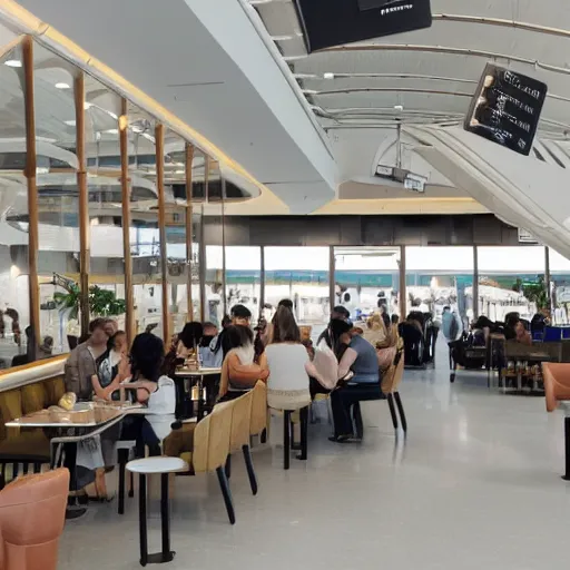 Prompt: an interior photo of modern cafe in an airport