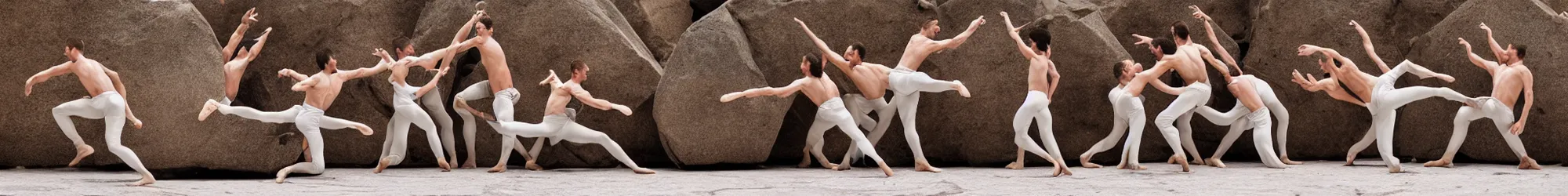 Prompt: a horde of sisyphusses pushing a huge boulder through an empty space, white background, ballet performance photography