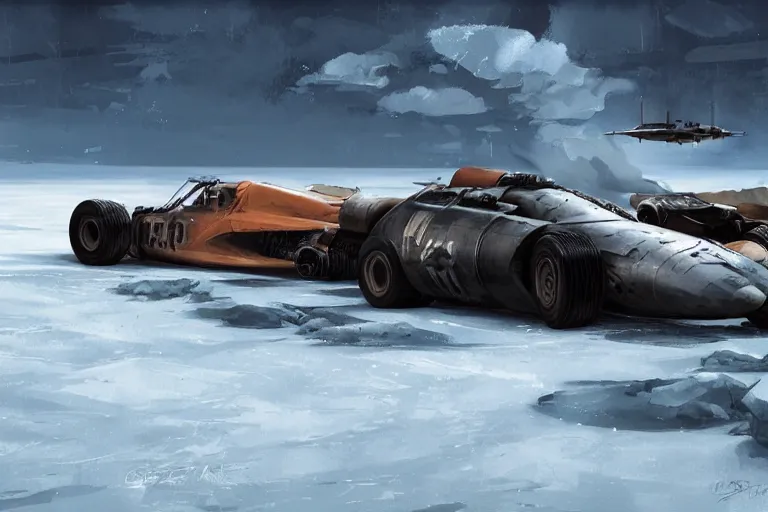 Image similar to dieselpunk digital illustration of mad max's military mclaren f 1 speeding across a frozen lake by makoto shinkai, ilya kuvshinov, lois van baarle, rossdraws, basquiat