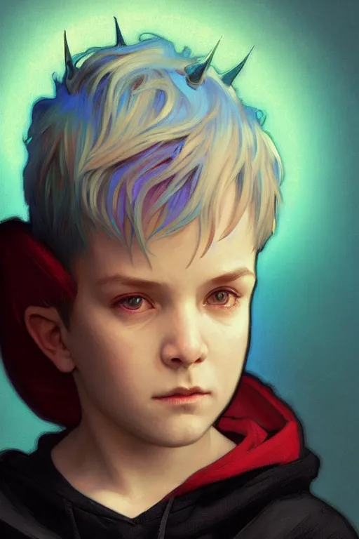 Prompt: portrait of a small boy with black hoodie, blue hair and red horns, luminous scene, by greg rutkowski and alphonse mucha, d & d character, gradient white to cyan, in front of an iridescent background, highly detailed portrait, digital painting, artstation, concept art, smooth, sharp focus ilustration, artstation hq