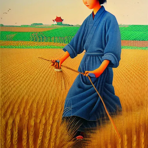 Image similar to cat farmer, walking in the wheat field, nature landscape on the background, fenghua zhong, sharp deep, oil art
