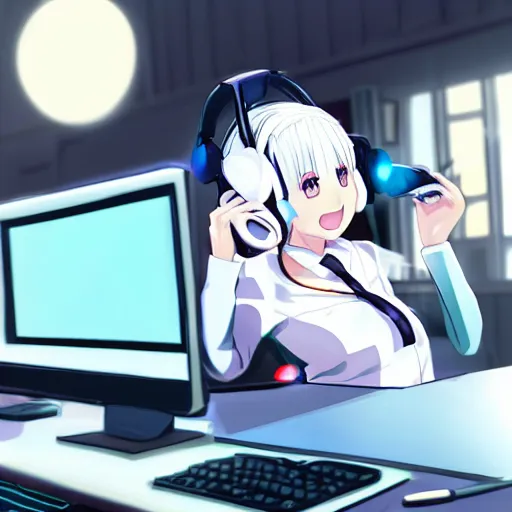 Image similar to anime girl with white hair and blue eyes, wearing cat ear headphones, sitting at desk at keyboard, programming, cute, pixiv, anime