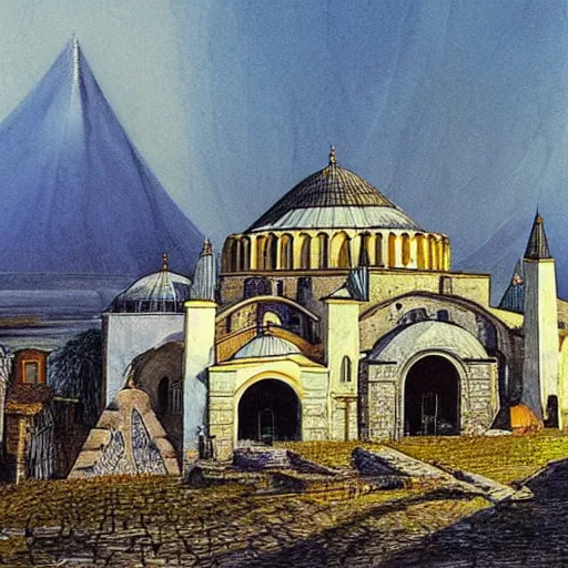 Image similar to Hagia Sofia pyramid fortress in a rustic seaside village, Tim Burton, Alan Lee