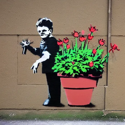 Prompt: a banksy mural of bill and ben the flowerpot men