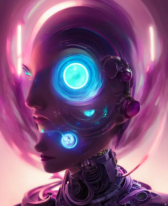 Image similar to whirlwind souls rushing inside metaverse, half body, glowin eyes, tiara, robotic, android, cyborg, cyberpunk face, by loish, d & d, fantasy, intricate, elegant, highly detailed, colorful, vivid color, digital painting, artstation, concept art, art by artgerm and greg rutkowski and alphonse mucha and ruan jia