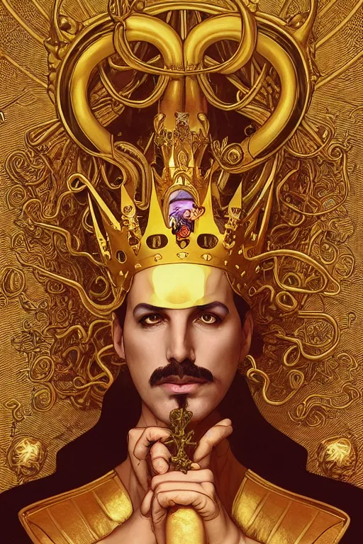 Image similar to Freddy mercury from queen, a golden crown floating above his head, tentacles coming out the ground art by Artgerm and Greg Rutkowski and Alphonse Mucha and Craig Mullins and James Jean and Andrei Riabovitchev and Marc Simonetti and peter mohrbacher, sharp focus, ominous, cosmic horror, trending on artstation, Ultra detailed, hyper realistic 4k