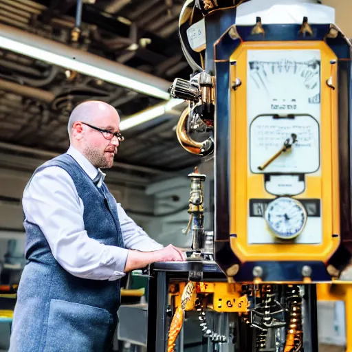 Prompt: A random pointless contraption ((((steampunk)))) industrial appliance pneumatic machine with no apparent purpose, being operated by a scholarly looking man with a clear directed gaze, XF IQ4, f/1.4, ISO 200, 1/160s, 8K, RAW, unedited, symmetrical balance, in-frame