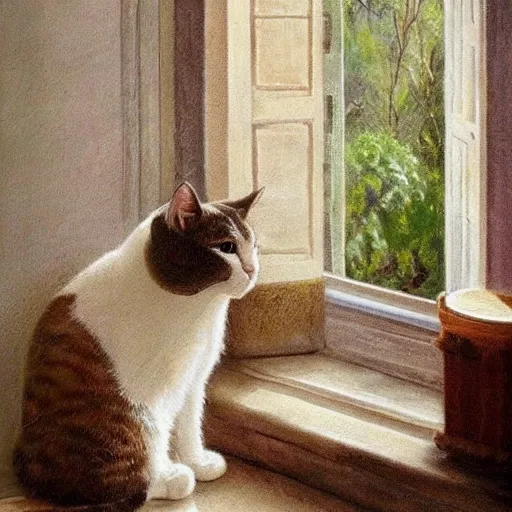 Image similar to very very very very beautiful photo of the cat sitting in provence style interior room, photorealism,