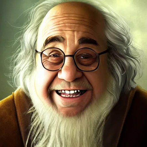 Prompt: portrait danny devito as gandalf, deviantart, smile, ultra realistic