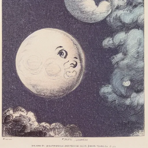 Image similar to celestial smiling moon candid portrait, surrounded by clouds, illustrated by peggy fortnum and beatrix potter and sir john tenniel