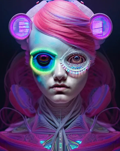 Image similar to an asymmetrical portrait of a bioluminescent patchwork doll, highly detailed, digital painting, cinematic, hyperrealism, dark retrowave, art by stanley lau and artgerm and magali villeneuve and alphonse mucha, artstation, octane render, cgsociety, james jean, victo ngai, david rubin, mike mignola