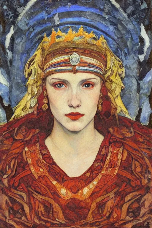 Prompt: queen of snow and ice by Annie Swynnerton and Nicholas Roerich, strong dramatic cinematic lighting , ornate headdress , flowing robes, lost civilizations, smooth, sharp focus, extremely detailed