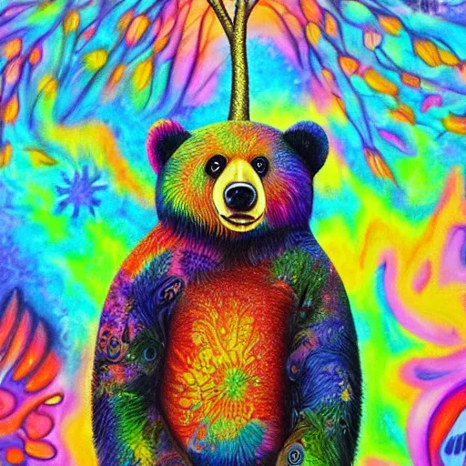 Image similar to a painting of a bear in a tree, an airbrush painting by lisa frank, trending on deviantart, psychedelic art, detailed painting, airbrush art, acrylic art