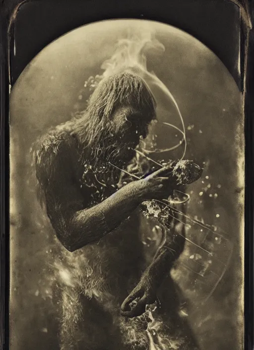 Prompt: old wetplate daguerreotype portrait of neanderthaler creating fire, explosion of data fragments, fractal, intricate, elegant, highly detailed, parallax, leica, medium format, subsurface scattering, by jheronimus bosch and greg rutkowski and louis jacques mande daguerre